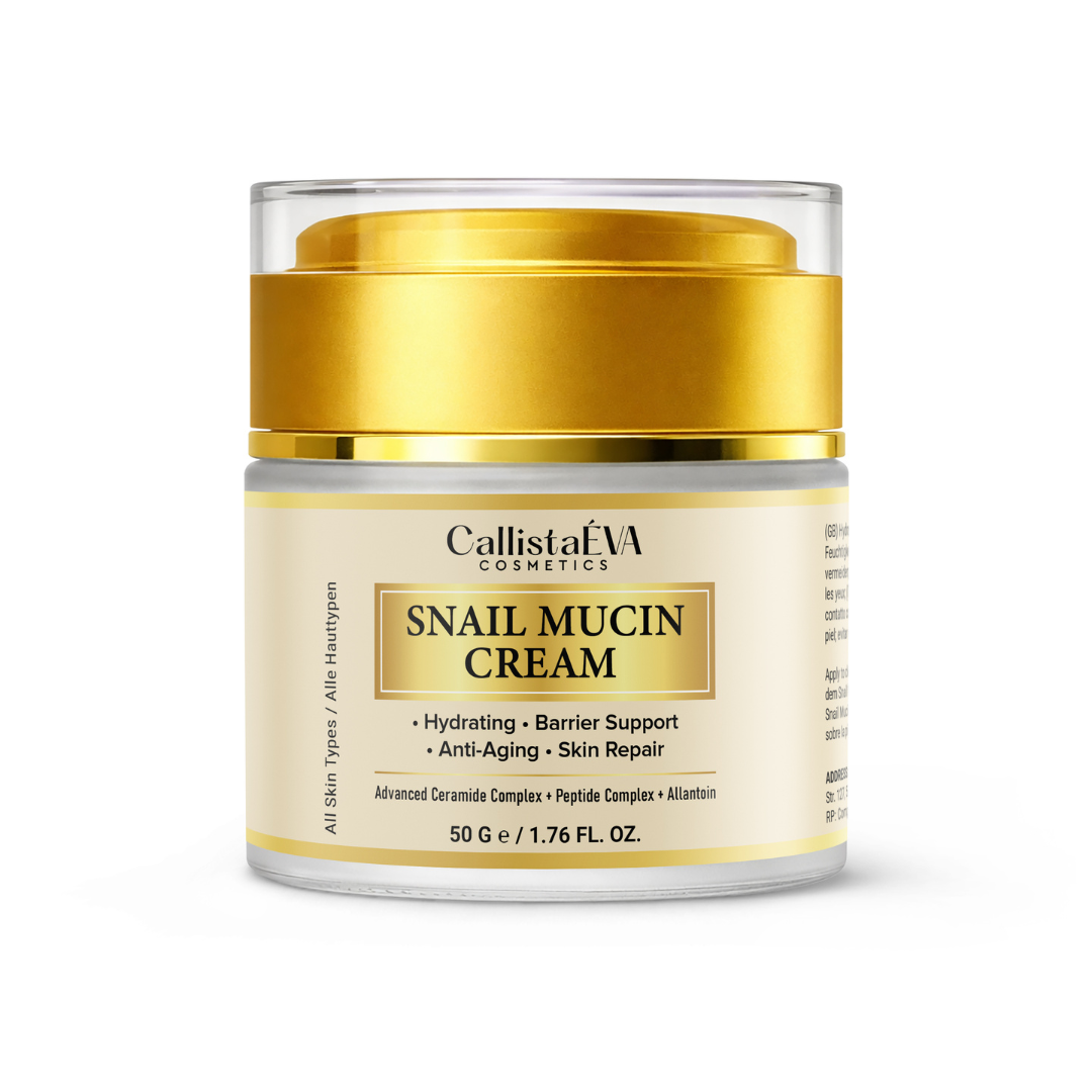 Callista cosmetics Snail Mucin Cream in a 50g jar with a gold metallic lid and cream-colored label, set against a plain white background.